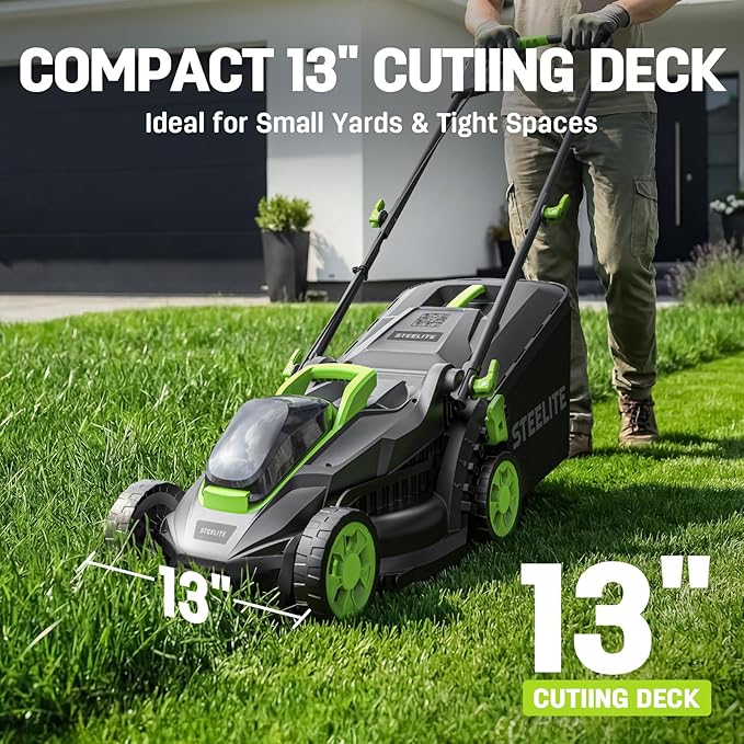 STEELITE 13-Inch Cordless Lawn Mower & Leaf Blower Combo, with 21V 4.0Ah + 2.0Ah Batteries & Charger, 5-Position Height Adjustment, Mulching/Bagging Mower for Small Yards
