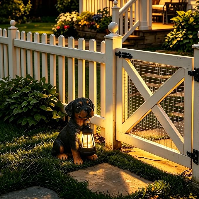 Garden Dog Statues Outdoor Decor, 13" Solar Powered LED Lights Outdoor Statue Garden Decorations Rottweiler Figurine for Patio, Lawn, Yard Decor, Housewarming Garden