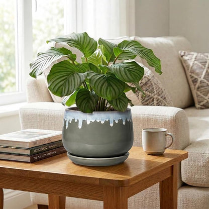 Ceramic Flower Pots - 9 Inch Planters for Indoor Plants, Indoor Planter with Drainage and Saucer, Round Decorative Plant Pots for Plants, Porch Home Decor, Grey-Blue