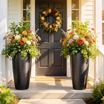 Autodaya 22.8" Tall Black Brushed Resin Planters Set of 2 | High-Density Resin Pots with Drainage Hole For Patio, Garden, Porch, Living Room, Indoor or Outdoor Use, and Gifting