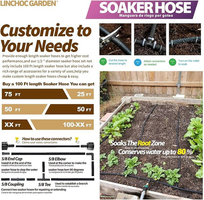 LICNCHOC GARDEN Soaker Hose 100ft,1/2 INCH Flexible Durable Garden Hose for Efficient Watering, Leak-Proof Design 100% Recycled Rubber,Ideal for Lawns,Gardens & Flower Beds