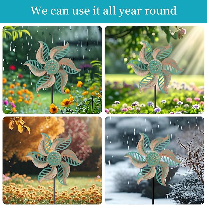 2 Pack Wind Spinners Outdoor Metal Vintage Green, Waterproof Wind Sculptures Garden Pinwheels & Decorative Stakes, Small Windmills for Yard Lawn Patio Outdoor Garden Decor (Type 36)