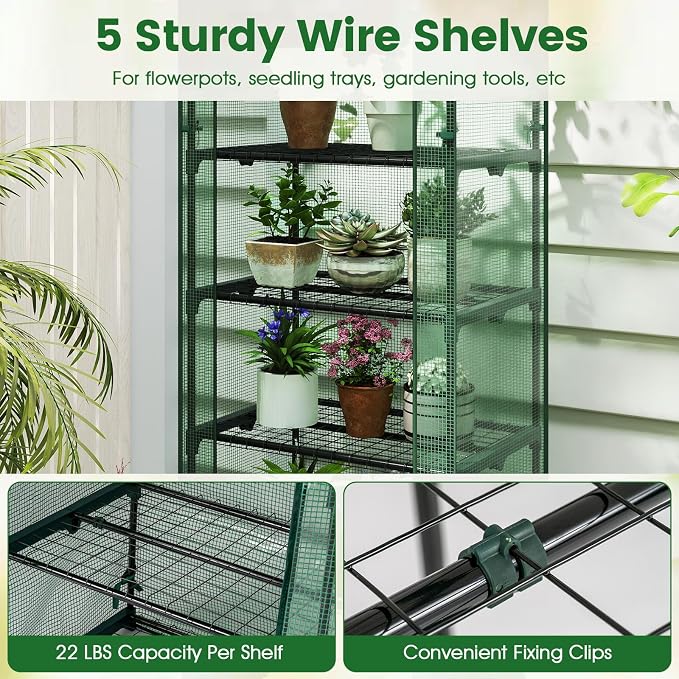 Giantex Mini Greenhouse Indoor Outdoor, 27" x 19" x 75" Portable Plant Grow House with 5 Tier Shelves, PE Cover, Roll-Up Zipper Door, Rustproof Elector-Coating Metal Frame for Patio Balcony Garden