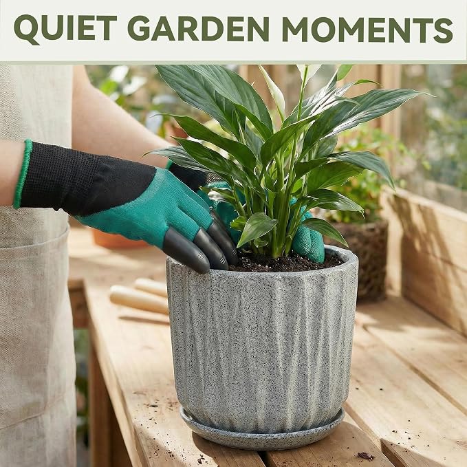 10 Inch Ceramic Planter Pot with Saucer Drainage Leak-Proof Mesh,Flower Pots for Indoor Plants with Gardening Gloves,Ceramic Planter(Stone Grey)