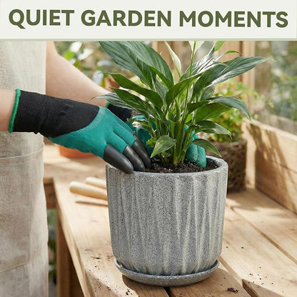 7.5 Inch Ceramic Planter Pot with Saucer Drainage Leak-Proof Mesh,Flower Pots for Indoor Plants with Gardening Gloves,Ceramic Planter(Stone Grey)