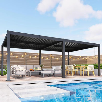 Louvered Pergola, 12' x 20' Outdoor Pergola, Aluminum Frame Patio Gazebo with Adjustable Louvers Roof & Integrated Gutter System, Outdoor Hardtop Gazebo for Patio, Backyard, Deck, Garden, Dark Gray