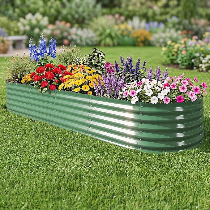 Galvanized Raised Garden Bed, 8x2x1.5ft Oval Metal Planter Raised beds with Gloves, Support Rod, Rust-Resistant Deep Root Planters for Outdoor Vegetables, Flowers, Herb-Forest Green
