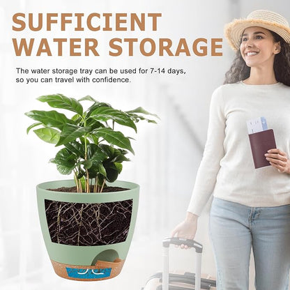 QRRICA Plant Pots 8/7/6.5/6/5.5/5 Inch Self Watering Pots, Set of 6 Plastic Planters with Drainage Holes and Saucers,Plastic Flower Pots,Nursery Planting Pot for Indoor Out Door Plants（Green）