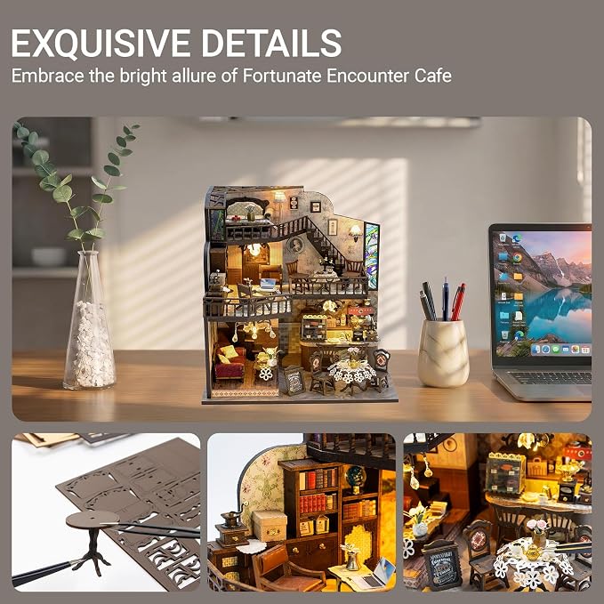 DIY Miniature House Kit, Fairy Dollhouse for Adults to Build, Mini Home Building Kit with Wooden Furniture & LED Lights,Garden Detials, Gift for Family and Friends (Fortunate Encounter Café)