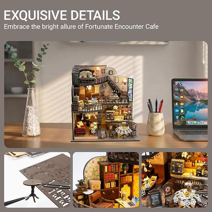 DIY Miniature House Kit, Fairy Dollhouse for Adults to Build, Mini Home Building Kit with Wooden Furniture & LED Lights,Garden Detials, Gift for Family and Friends (Fortunate Encounter Café)