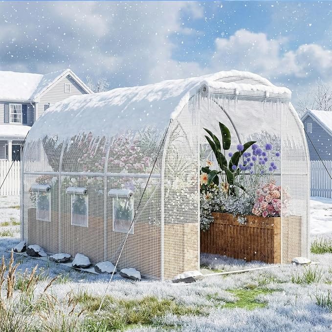 Superlele Heavy Duty Walk-in Greenhouse for Outdoor, 10x6.6x6.6FT Large Garden Green House with Reinforced PE Mesh Cover, 6 Roll-up Windows with Screen, 8 Ground Stakes and Ropes, White