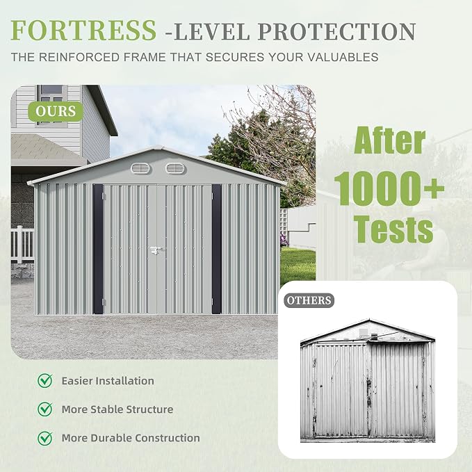 YOPTO 12X10 FT Metal Outdoor Storage Shed W/Flower Pot Stand,White | 3 Lockable Doors,Air Vent,Sloped Roof,Reinforced Structure,Waterproof Outdoor Shed for Garden,Patio,Backyard,Lawn