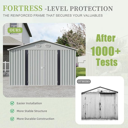YOPTO 12X10 FT Metal Outdoor Storage Shed W/Flower Pot Stand,White | 3 Lockable Doors,Air Vent,Sloped Roof,Reinforced Structure,Waterproof Outdoor Shed for Garden,Patio,Backyard,Lawn