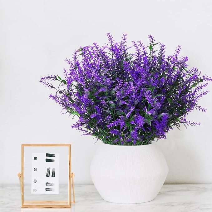 XLFAQXM 8 Pack Artificial Plants Flowers Grass Shrubs Lavender No Fade Faux Plastic Flowers Outdoor for Farmhouse Garden Porch Patio Indoor Wedding Decoration Greenery Fake Plants uv Resistant