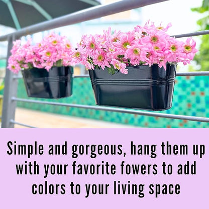LaLaGreen Planter Boxes Outdoor (3 Pack, 9.8 Inch) Small and Cute Black Metal Iron Hanging Flower Pots Deck Railings Fence Modern Garden Boho Style Wall Mount Window Box Plant Holder Porch Decor
