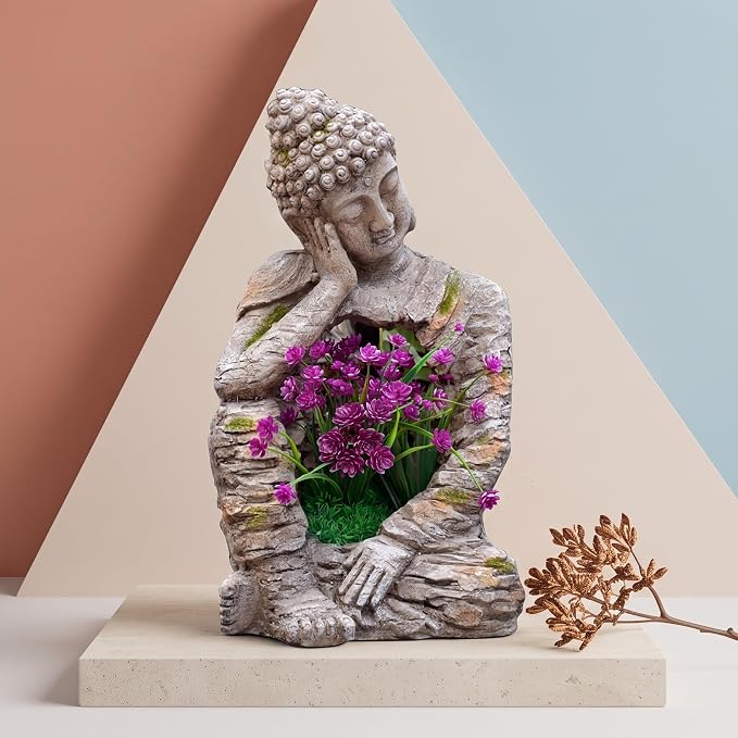 suruim Buddha Statue Outdoor Resin Garden Sculpture with Planting Opening, Zen Statue with Distressed Stone Look, Buddha Decor for Patio Yard Porch Entryway Home Meditation Space Seated Zen Decor