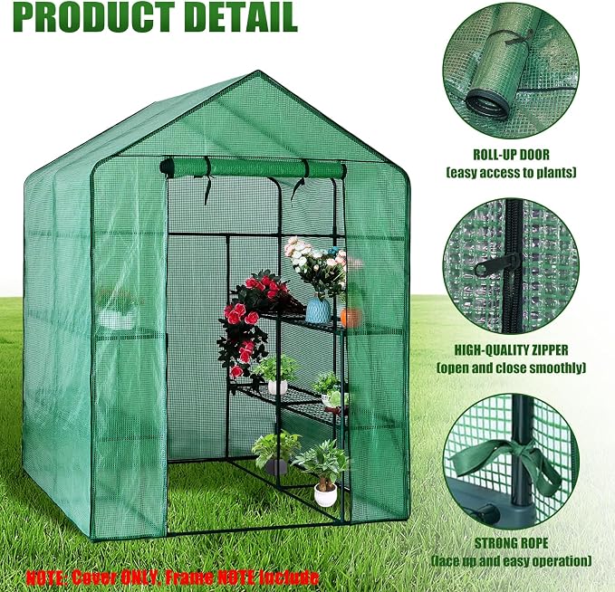 Walk-in Greenhouse Replacement Cover with Roll-Up Zipper Door, 56×56×76 inch PE Greenhouse Cover Protect Outdoor Gardening Plants from Cold Frost，Waterproof and UV Resistant(Frame Not Include)