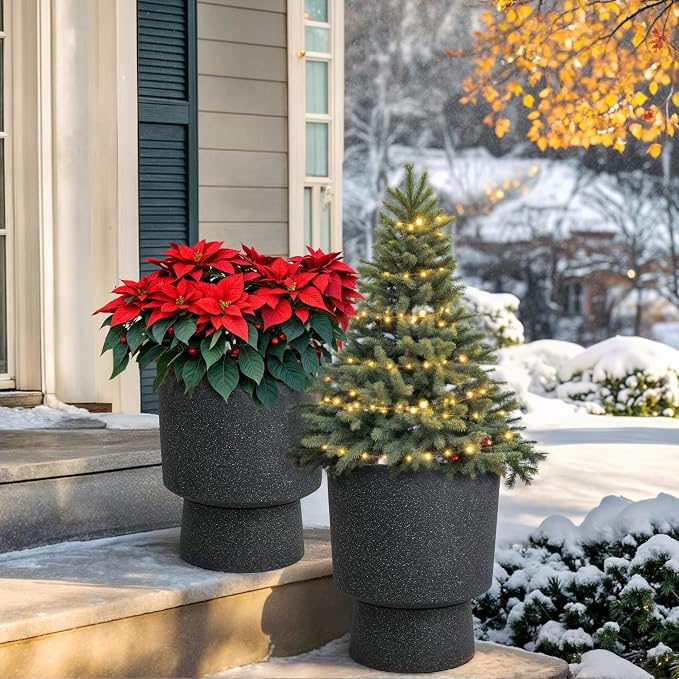 Autodaya 16.8" Black Terrazzo Pedestal Planters Set of 2 with Drainage Hole | Modern Plastic Flower Pots with Weather-Resistant Finish for Indoor or Outdoor Garden, Patio, Balcony, or Entryway Decor