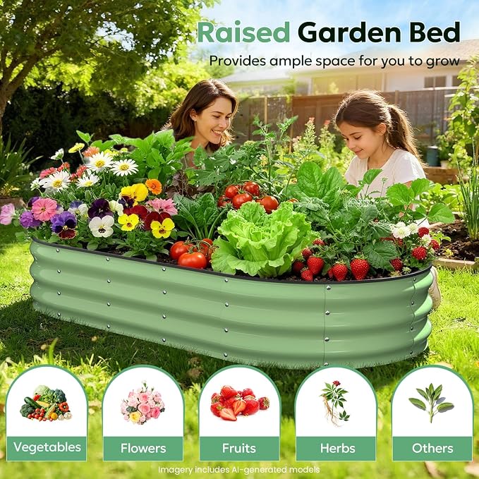 Raised Garden Bed 6×3×1 FT, Galvanized Raised Planter Box, Oval Vegetable Planting Container with Edge Trim, Fruit Green for Backyard Fence Line Side Yard Family Gardening