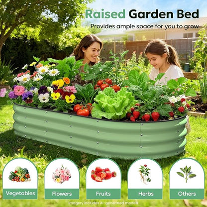 Raised Garden Bed 6×3×1 FT, Galvanized Raised Planter Box, Oval Vegetable Planting Container with Edge Trim, Fruit Green for Backyard Fence Line Side Yard Family Gardening