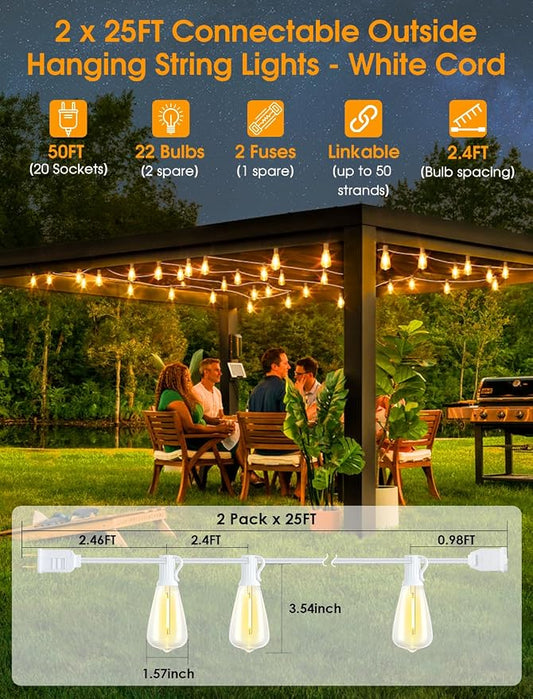 Larkvue 50FT(2x25FT) Outdoor String Lights, Patio Lights with 20+2 LED Dimmable Waterproof ST38 Vintage Bulbs for Wedding Garden Party Decor, White