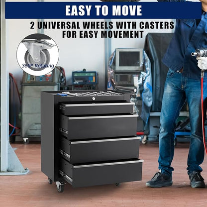 Rolling Tool Chest, 4 Drawers Tool Storage Cabinet with Wheels, Portable Tool Cabinet Organizer with Locking System & Drawer Liners,Universal Lockable Wheels, Tool Storage Cart for Garage, Workshop