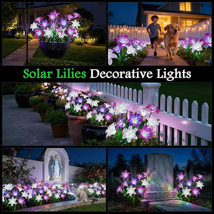 Upgrade Solar Lights Outdoor Garden Decor: 2 Pack Solar Lily Flowers, 10 Colored Blooming Lilies with Glowing Stems, Waterproof Decorative Light for Yard Patio Flower Bed, Gifts for Women