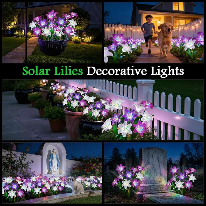 Solar Lights Outdoor Garden Decor - 10 Pack Solar Flowers with 50 Heads Colorful Lily Lights & Glowing Stems, Brighter Waterproof Decorative Garden Lights for Yard, Patio, Flower Bed, Gifts