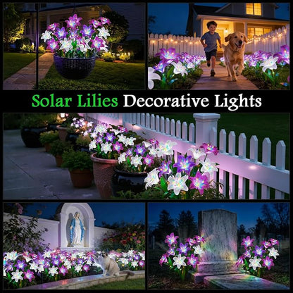 Solar Lights Outdoor Garden Decor - 6 Pack Solar Flowers with 30 Heads Colorful Lily Lights & Glowing Stems, Brighter Waterproof Decorative Garden Lights for Yard, Patio, Flower Bed, Gifts