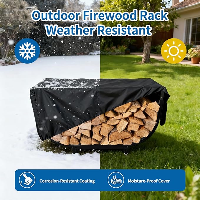 Firewood Rack Outdoor w Thicken Cover, 35 Inch Indoor Firewood Rack - Stable Curved Firewood Storage Heavy Duty & Rustproof Metal Firewood Holder w Hook for X-mas Decorations or Tools Nearby Fireplace