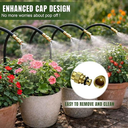 20PCS Push-to-Fit Drip Irrigation Mister Emitters with T-Connectors, Copper 360° Adjustable Bendable Atomizing Nozzles for 1/4" Tubing, Micro Spray Nozzles for Garden Greenhouse Raised Beds