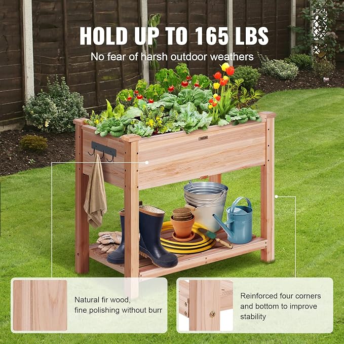 VEVOR Raised Garden Bed 34x18x30in with Sturdy Legs, High End Natural Fir Wood Planter Box Elevated Planting Stand for Backyard/Garden/Patio/Balcony w/Non -Woven Liner & 1 Set of Tool, 165lb Capacity