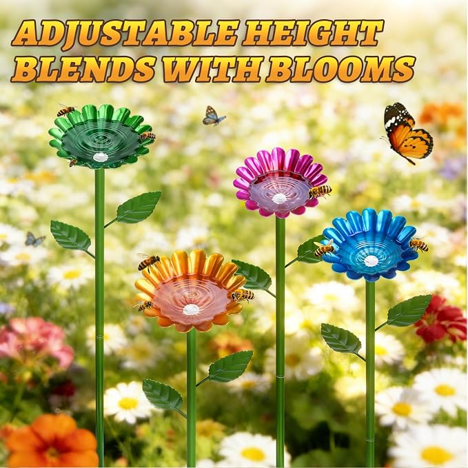 Mellbree Bee Watering Station, 4-Pack Metal Flower Bee Bath for Garden – Attract Butterflies & Pollinators – Colorful Outdoor Garden Stakes for Yard, Patio, Butterfly Garden – Gardening Essentials