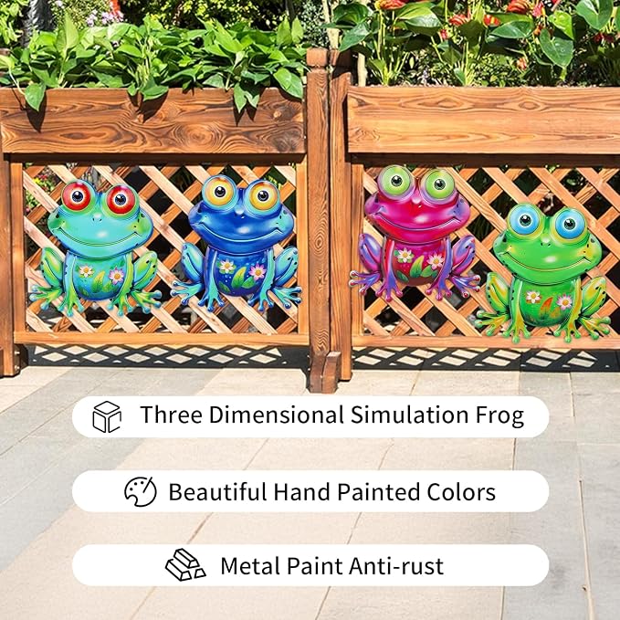 Junware Metal Frog Wall Decor, 4Pcs Frog Iron Wall Art Sculptures Art Frogs Wall Hanging Sculpture Decoration.Outdoor Fence Art for Home Garden, Fence, Patio, Yard, Bedroom Outside Gifts for Adults