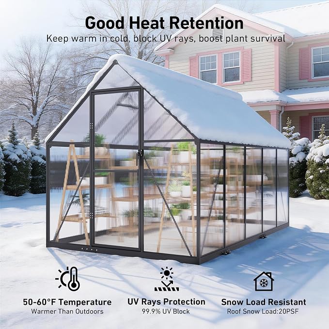 6x10FT Greenhouse for Outdoors with Hygrometer, Polycarbonate Green House with UV Protection, Heavy Duty Greenhouse with Windproof Aluminum Frame, Roof Vent & Quick-Install Design