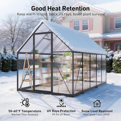 6x10FT Greenhouse for Outdoors with Hygrometer, Polycarbonate Green House with UV Protection, Heavy Duty Greenhouse with Windproof Aluminum Frame, Roof Vent & Quick-Install Design