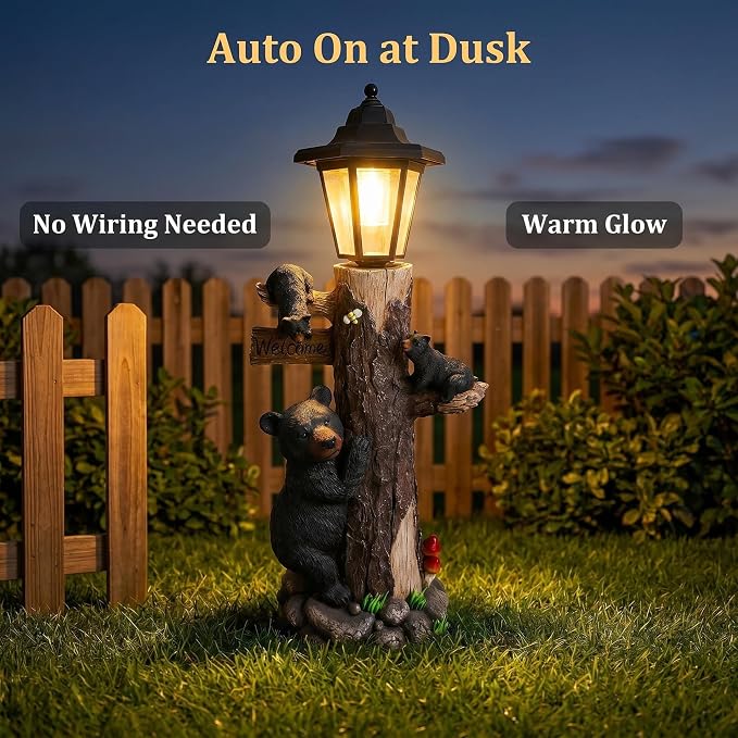 Solar Black Bear Family Garden Statue with Welcome Sign – 19" Hand-Painted Resin Bear Cubs Climbing Tree, Auto On/Off LED Light, Outdoor Yard Lawn Patio Decor, Housewarming Christmas Birthday Gift