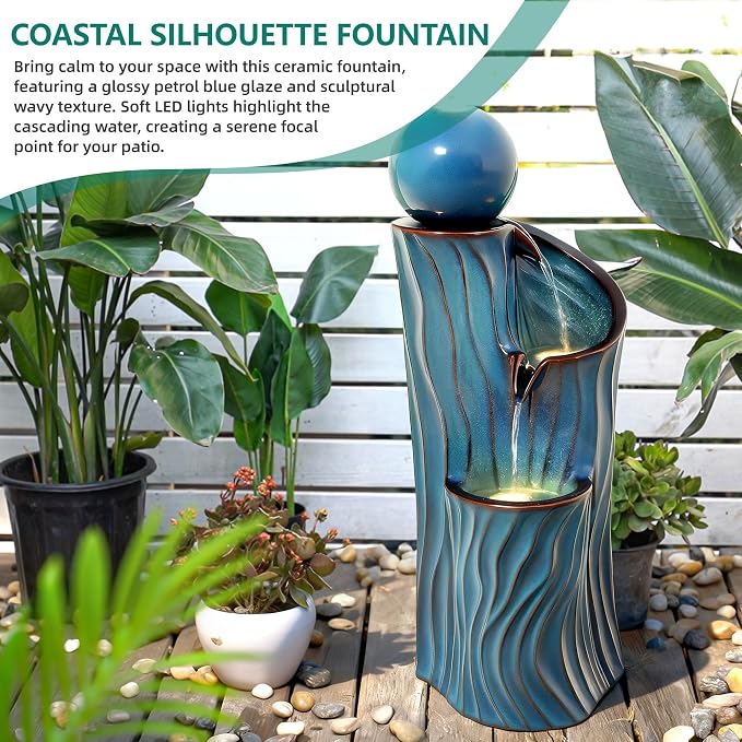 32" H Ceramic Outdoor Water Fountain with Lights, Art Sphere Fountains for Outside, Soothing Cascading Waterfalls for Relaxing Garden Patio Yard or Porch Decor, Turquoise, Dynamic Wave-Texture