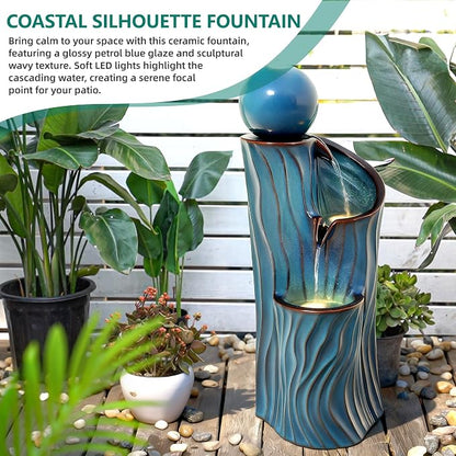 32" H Ceramic Outdoor Water Fountain with Lights, Art Sphere Fountains for Outside, Soothing Cascading Waterfalls for Relaxing Garden Patio Yard or Porch Decor, Turquoise, Dynamic Wave-Texture