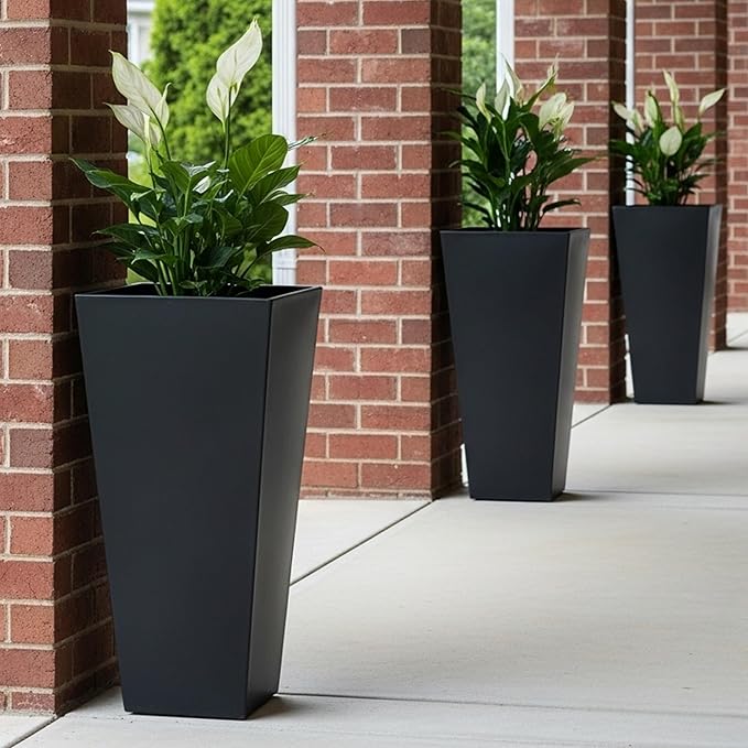 Worth Garden Large 28 in.Tall Planters Set of 2 for Indoor and Outdoor, Heavy Duty Plastic Black Modern Taper Flower Plant Pots with Drainage Hole and Dual-Purpose Tray for Front Porch, Patio