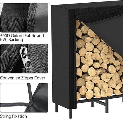 CADUKE Firewood Rack Outdoor with Cover 5.3ft Firewood Log Rack for Fireplace Wood Storage Fire Log Holder Indoors Adjustable Heavy Duty Fire Wood Rack Stand, Black Waterproof Oxford Fabric