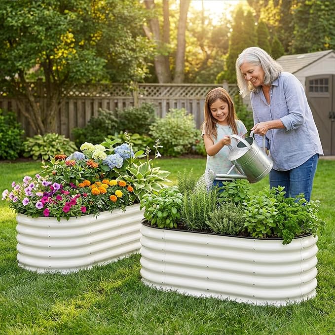 INNO STAGE Galvanized Raised Garden Bed Kits, 4x2x1.4FT Metal Raised Beds Outdoor for Gardening, 17'' Tall Large Steel Raised Planter Bed for Vegetables, Flowers Patio Ground Planter Box (White, 2Pcs)