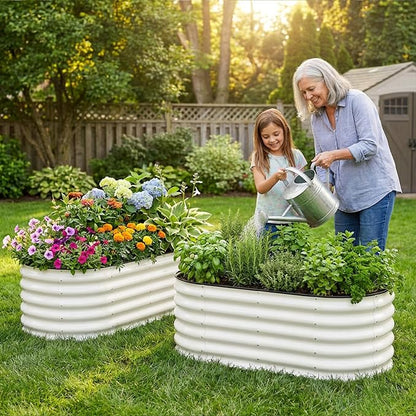 INNO STAGE Galvanized Raised Garden Bed Kits, 4x2x1.4FT Metal Raised Beds Outdoor for Gardening, 17'' Tall Large Steel Raised Planter Bed for Vegetables, Flowers Patio Ground Planter Box (White, 2Pcs)
