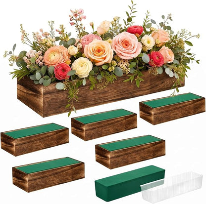 Dandat 6 Set Wood Boxes for Centerpieces 12x4 Inch Rectangle Wooden Planter Box Rustic Wood Planter with Removable Plastic Liner Floral Foam Blocks for Centerpieces Home Wedding Garden Decor