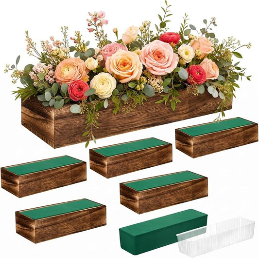 Dandat 6 Set Wood Boxes for Centerpieces 12x4 Inch Rectangle Wooden Planter Box Rustic Wood Planter with Removable Plastic Liner Floral Foam Blocks for Centerpieces Home Wedding Garden Decor