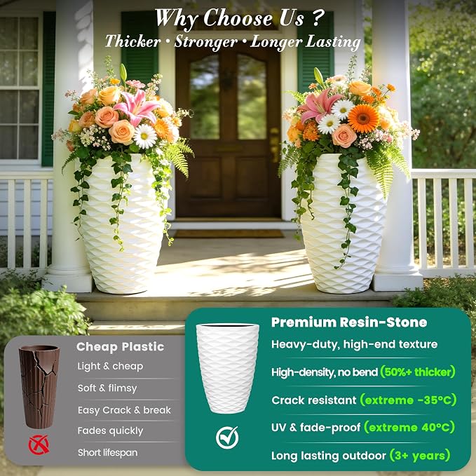 2-Pack 19" White Resin Tall Outdoor Planters with Wave Texture | High-density resin planters with Nordic wave texture, drainage holes, and weather-resistant finish for porch or patio