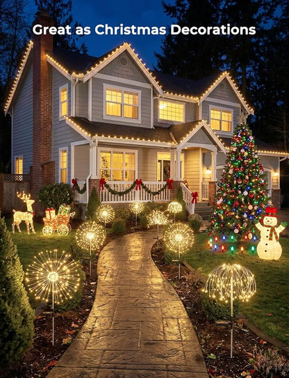 Brightown 4 Pack Garden Decor Solar Lights Outdoor Decorative,150LED Firework Lights for Outside,8 Modes Solar Powered Stake Fairy Light for Yard Pathway Flowerbed Patio Christmas Decor,Warm White