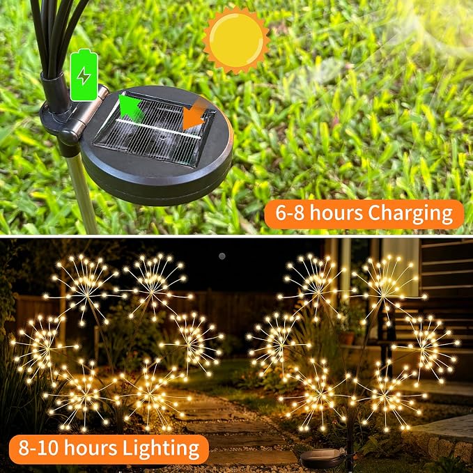 JJGoo 2 Pack Solar Garden Lights Outdoor Waterproof, New Upgraded 6 Branches Firework Starburst Lights with 2 Modes, Solar Fairy Lights for Yard Garden Patio Pathway Party Decor - Warm White