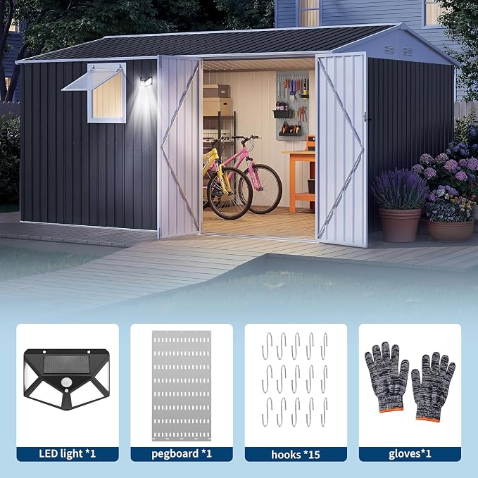 Garvee 10 x 12 FT Heavy-Duty Metal Outdoor Storage Shed with Motion Sensor Solar Light and Window,Pegboard Tool Organizer, Lockable Doors and 4 Air Vents, Garden Shed for Patio, Garage, Backyard