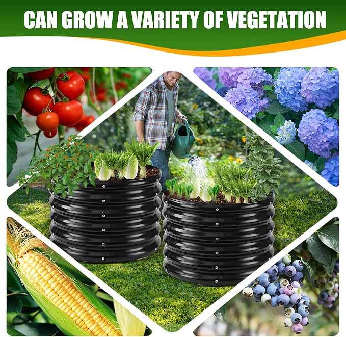TBMLC 17" Tall Elevated Round Metal Rised Garden Bed- 2'x2' in Size and 0.8MM Thick Durable Planter Box for Vegetables Flowers Succulent at Patio/Garden Outdoor (Black, 2FT Diameter)
